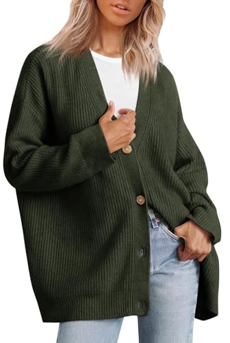 Cardigan Donna Invernale Elegante Giacca Donna Autunno Comoda Maglia Cotone Oversize Taglie Forti Golfino Girocollo a Maniche Lunghe Maglieria Casual con Scollo a V(Army Green,XL)