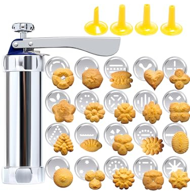 Professional Aluminum Cookie Press Set with 20 Discs & 4 Nozzles - Heavy Duty Cookie Gun for Baking, Decorating - Ideal for Home & Commercial Use