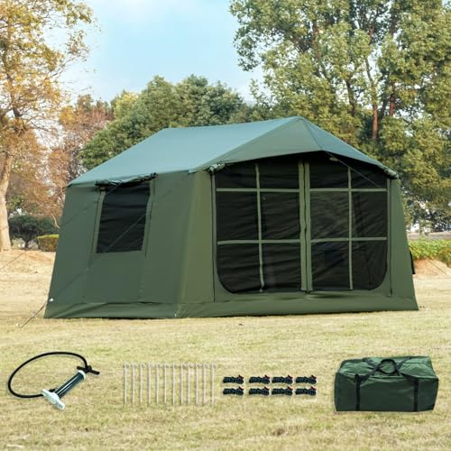 Tienda de campaña inflable con apertura de chimenea, tienda inflable para 4-6 personas con bomba de aire, tiendas de campaña inflables de tela Oxford impermeable para las estaciones, tienda de campaña