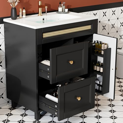 tocador de baño independiente, rieles de cajones dobles silenciosos, puertas de armario con función de cierre suave, asas doradas y adornos de ratán, lavabo de cerámica, negro. 76 x 46 x 86,5 cm