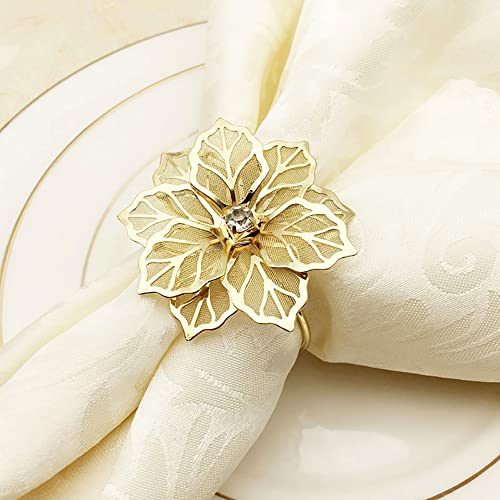 INCETUE Flower Napkin Rings Set of 6, Hollow Out Floral Napkin Holder Adornment Exquisite Household Napkins Rings Set Rhinestone Napkin Rings for Wedding Banquet Christmas Table Setting (Gold)