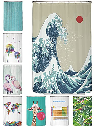 arteneur® - Japan Welle - Anti-Schimmel Duschvorhang 120x200 - Recycelt mit Öko-Tex Standard 100 - Beschwerter Saum, Blickdicht, Wasserdicht, Waschbar, 8 Ringe & E-Book