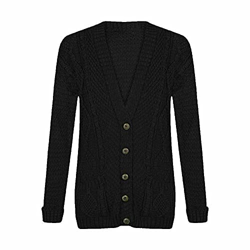 LUXE DIVA New Womens Everyday Long Sleeve Button Top Ladies Chunky Aran Cable Knit Grandad Cardigan UK Size 8-26 Black