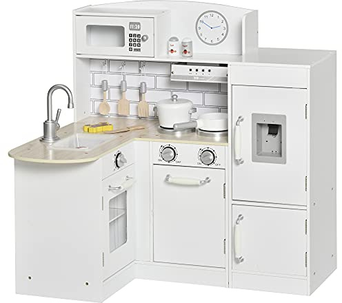 HOMCOM Cuisine Bois Jeu d'imitation - Cuisine Enfant 3+ Ans - Nombreux Accessoires & rangements Inclus - Micro-Ondes, hotte, évier avec Robinet - MDF pin Blanc