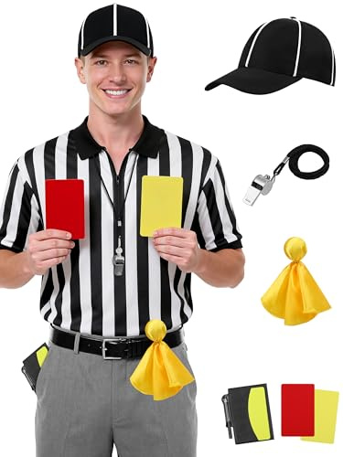 SOMSOC 6 Pcs Referee Shirt, Men Women Zipper Collar Ref Shirt Card Hat Whistle Penalty Flag Sandbag Rugby for Football Soccer