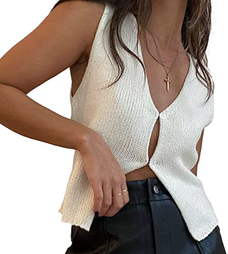 Y2K - Chaleco de punto con botones para mujer, color sólido, sin mangas, cuello en V, punto de ganchillo, tops recortados, cárdigan de calle, para mujer, blanco, L