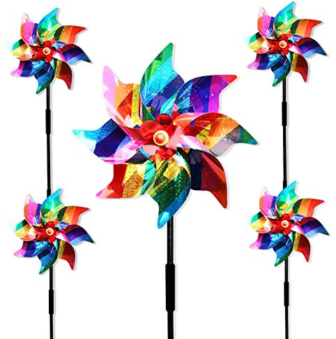 Bird Scarers Windmills For Garden,Multicolour Reflective Bird Deterrent Windmill Pigeon Deterrent Windmills for Garden Windmills for Children (5PCS Color stripe windmill)