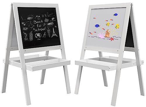 AIYAPLAY Tableau chevalet enfant 2 en 1 - face ardoise magnétique et face tableau noir à craie - 2 plateaux de rangement intégrés - blanc