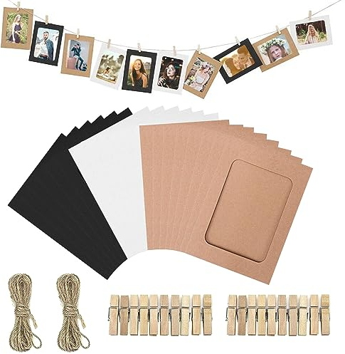 Mlysnd Fotogirlande, Foto Girlande, Bilderrahmen Pappe, DIY Papier Fotorahmen mit Mini Holzklammern und Hanfseil 20 Stück 3 Farben, für Zuhause, Schule oder Partydekoration, Pergament