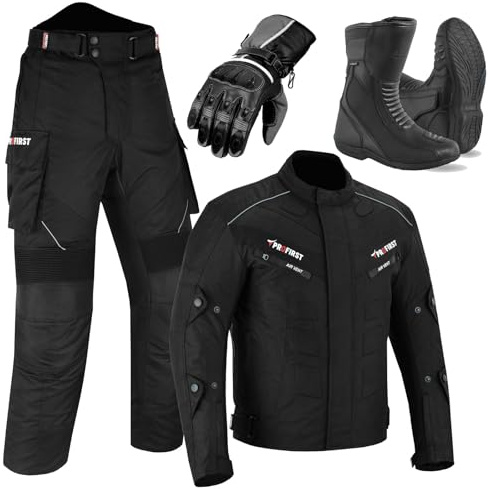 Inflori Motorbike Suit for Men Motorcycle waterproof suit Cordura Jacket with Trouser and Boots CE Approved Protective Armoured (6X-Large, Black)
