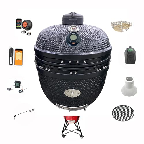 YNNI - Alimentador de virutas XL negro mate de 25 pulgadas Kamado Bundle Horno barbacoa parrilla extra incluye carrito TQTT25MB