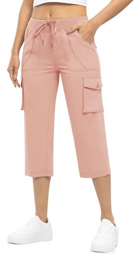 Rdruko Women's Cargo Capris Pants Lightweight Quick Dry Hiking Casual Summer Outdoor Travel Pants with Pockets,Pink, US L