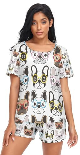 ZRWLUCKY Conjunto de pijama para mujer con estampado de perro bulldog francés con bolsillos, pijama de 2 piezas de manga corta y pantalones cortos, Lindo perro bulldog francés, Large