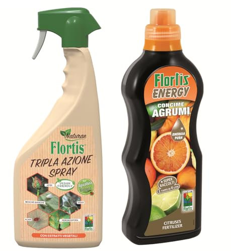 Flortis Kit Benessere Agrumi. Insetticida piante, fungicida sistemico, acaricida Tripla Azione RTU 1000ml e concime per agrumi Energy Agrumi 1200g. Fertilizzante piante e protezione naturale vegetale.