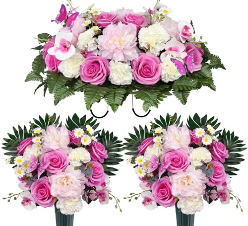 MUVIC Silk Cemetery Flowers for Grave, Memorial Flower- Graveside Decorations for Tombstone Saddle,Long-Lasting Bright Color, Rose Hibiscus Daisy Carnation,Pink/White,Butterflies Included
