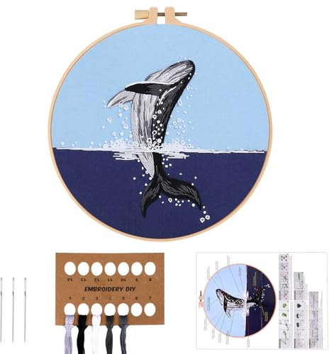 JSRQT Stickerei Anfänger mit Wal Muster, DIY Craft Sticken Starter Set für Erwachsene, Lustiges Kreuzstich Set mit Tier Stempel, Handgefertigtes Nadelspitzen Stickset mit Stickrahmen Anleitung