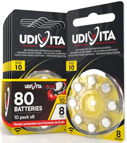 80 Pilas para Audífonos Tamaño 10 Udivita PR70 (Amarillo) Zinc-Aire Hearing Evolution con Tecnología Phono Pulse - 10 Blísteres da 8 Pile