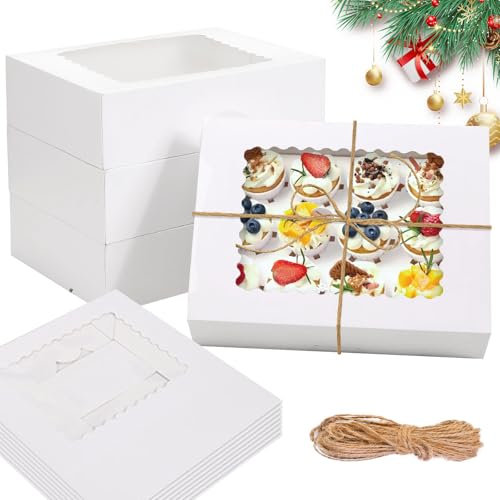BORDEAG 10 Piezas Caja para Cupcakes, Cajas para Tartas con Ventana, Cajas Cupcakes con Cuerda, Pegatinas y Tarjetas de Felicitación, Adecuado para Decoración de Tartas y Transporte de Cupcakes