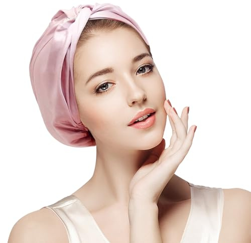 22 Momme 100% Pure Mulberry Silk Sleep Cap for Women Hair Care,Double Layer Natural Silk Bonnet Shower Cap Hair Wrap for Sleeping,Silk Night Hat with Elastic Stay On Head For Wash/Makeup