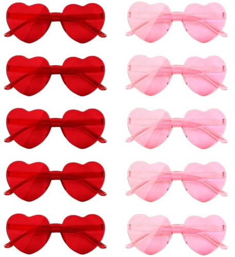 NACHLYNN 10 Pcs Heart Sunglasses Pink and Red Women Rimless Heart Shaped Sunglasses Candy Color Glasses for Party