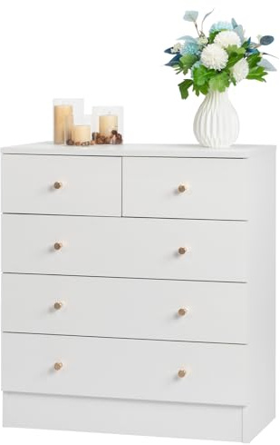Bonnlo Commode Blanche, 5 Tiroirs avec Poignées, Meuble Rangement pour Chambre, Salle de Bain, Salon, Table de Chevet pour Adulte, Enfant, 66 x 33 x 73 cm