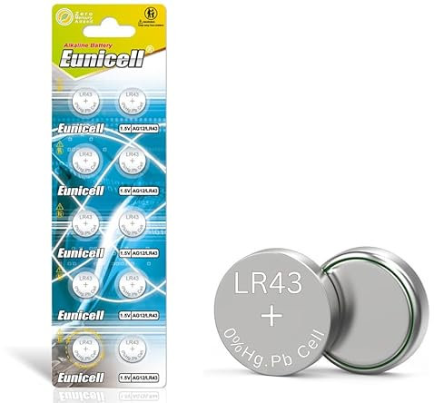 Pack of 20 - LR43/AG12 Eunicell 1.5V Button Coin Cell Alkaline Batteries - Suitable for use in LED lights, Digital Voice Recorders, Toys, Blood Glucose, Cholesterol Testing, Meters, Toys