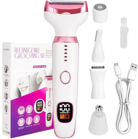 Rasoio Elettrico per le Donne, Rasoio Elettrico 5-in-1 per il Corpo, Rasoio Secco Bagnato Indolore per Bikini, Ascelle, Gambe, Sopracciglia e naso, Ricarica USB