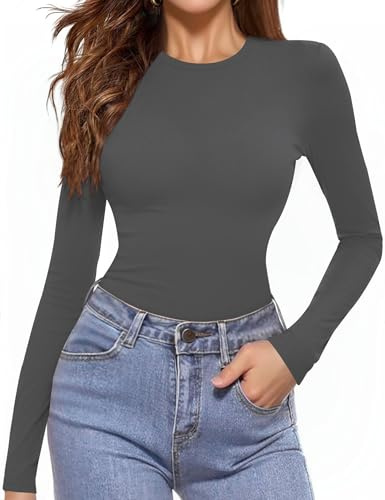 Aottori Women's Crew Neck Long Sleeve Shirts Lightweight Base Layer Underwear Cotton Solid Stretchy Slim Fit Tops Grey XS