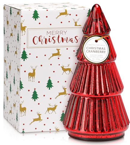 Christmas Candles Tree Shaped Scented Candle Gift, 8oz Cranberry Fragrance, Decoration Candles, Winter Holiday Mercury Decorative Glass Tree Candle, Decor for Home