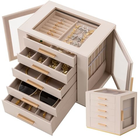 Granbest - Joyero de 5 niveles con tapa de cristal, organizador de joyas de alta capacidad con cajones y espejo, joyero de PU para collares, pendientes, anillos, pulseras (Beige)