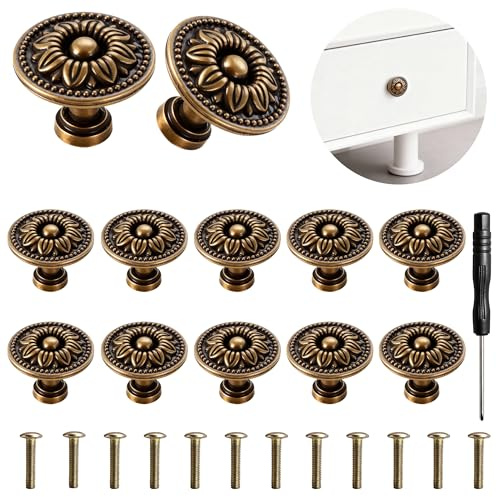 GZXUEHU 12 Piece Bouton de Meuble Vintage,30MM Rond Poignée,Motif de Fleurs Boutons,avec Vis et Tournevis,Stables et Faciles,Couleur Bronze Antique,pour Armoires et Tiroirs