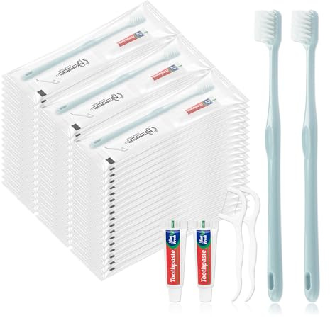 Lomgwumy Engångsrese tandborste, tandborste och tandkräm, individuellt förpackad, grå, med tandtråd, lämplig för hotell, hem, camping, resor (50-pack)