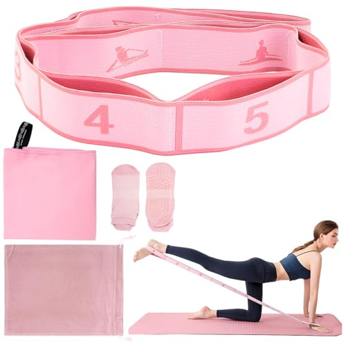 Nureeca Juego de correas de yoga con banda de resistencia, toalla y calcetines antideslizantes, cinturón de fitness ajustable de 8 niveles de 90 cm para estiramiento, pilates, entrenamiento y baile
