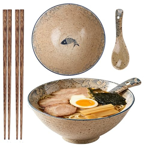 2 uppsättningar ramen skålset, 1 200 ml keramisk ramenskål med ätpinnar och skedar, keramisk ramenskål, soppskålar blandningsskålar japanska rätter för nudlar, spannmål, soppsallader