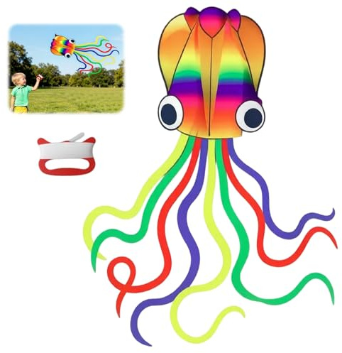 Kites for Kids Ages 4-8 Easy to Fly, Octopus Kite, Kids Kite with 100m Flying String, Large Rainbow Soft Kites with Long Tail for Family Outdoor Park Flying Beach Entertainment