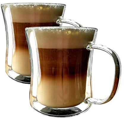 MAMMOTH Glass 350ml x 2 Double Walled Heat Resistant Mugs Cups for Coffee Latte Cappuccino Macchiato Flat White Tea Beer Chilled Drinks Deserts Icecream Porridge