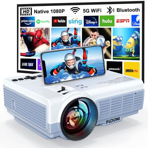 FUDONI Projektor med WiFi och Bluetooth, 5G WiFi Native 1080P 9500L 4K stödd, bärbar utomhusprojektor med skärm för hemmabio, kompatibel med HDMI/USB/PC/TV-box/iOS och Android-telefon