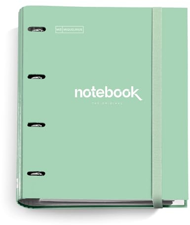 Miquelrius - Ringordner A4 Emotions, Ringbuchordner mit 4 Ringen + kariertes Nachfüllpapier 90 g/m², Gummibandverschluss, Ringbuch Büro Zubehör Schul, Mintgrün