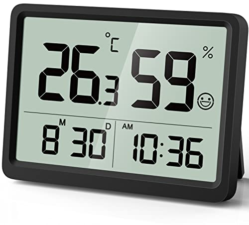DOOMAY Termometro Digitale Igrometro per Interni: Piccolo e preciso misuratore di temperatura e umidità con grandi cifre LCD e ora data, igrometro ambientale calibrabile per la casa Garage (Nero)