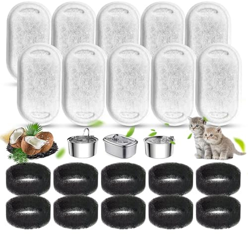 20 Packs Filtre Fontaine Chat, Filtre à Charbon 10 Pièces Et Une éponge en Mousse 10 Pièces, Filtre en Mousse De Remplacement Filtre pour Fontaine à Eau pour Chat.