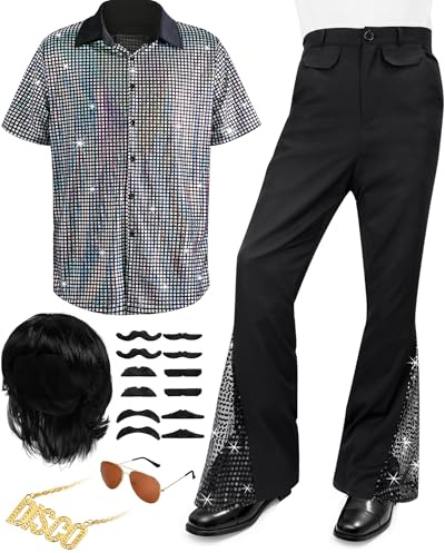 Mepase 6 Pcs Men's 70s Disco Outfit Costume New Year Eve Halloween Couples Costume 80s Bell Bottom Pants Short Sleeve Shirt(Silver,M)