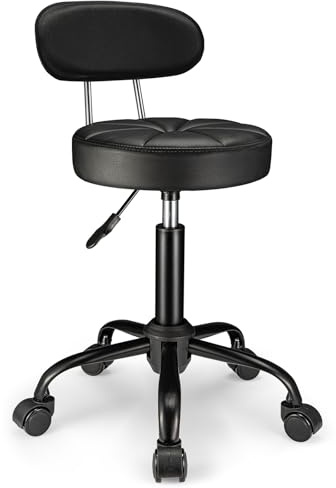 FNZIR Swivel Stool with Wheels Height Adjustable Rolling Spa Stool Chair Backrest Black