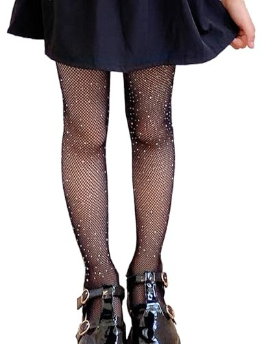 Valicaer Mädchen Glitzer Strumpfhosen,Glitzer Strumpfhose Kinder mit Strass Spinnen Strumpfhose Kinder Ballett Tanz Schulpantyhose Elastische Netzstrumpfhose Kinder Glitzerstrumpfhose(Schwarz)