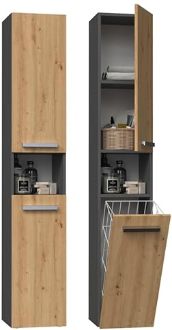 BDW NEL III Armoire de salle de bain, panier à linge, 2 portes, 174 x 31 x 30 cm, meuble sous lavabo, meuble haut, meuble de salle de bain, étagère de salle de bain, NEL III (anthracite/chêne artisan)