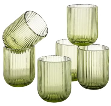 Baroni Home Set 6 pz di Bicchieri in Vetro Colorati e Decorati con Righe in Rilievo 30 CL, Bicchieri Eleganti Lavabili in Lavastoviglie, 8x8x10 cm, Verde