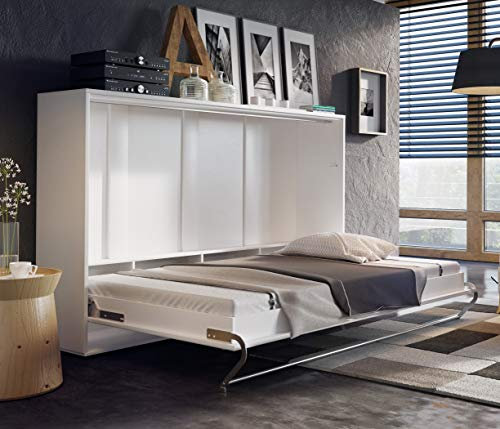 Stylish White Gloss Murphy Bed 120 x 200cm Modern Horizontal Fold Away Pull Out Wall Bed with Duvet Straps for Space Efficiency.