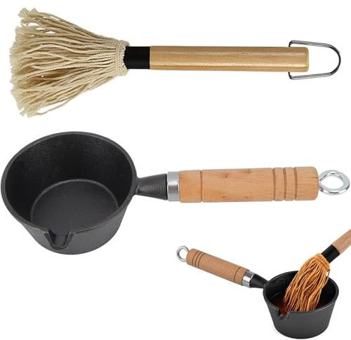 Set di pentole per salsa in ghisa e spazzola per barbecue con casseruola e spazzola, accessori per affumicatore di carne, mini pentola per salsa in ghisa e spazzola per mocio per barbecue, regalo da