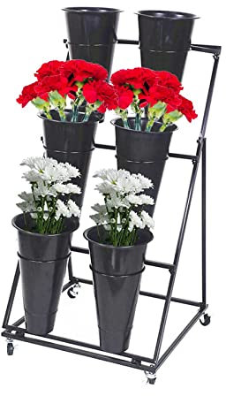 Supporto per Piante a 3 Livelli con Ruote e 6 secchi Neri - Carrello portafiori per Interni/Esterni per Giardino e Patio - Supporto espositivo a Scala Mobile per fioristi e Amanti delle Pian