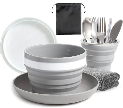 Muorruo Ensemble d'assiettes, Bols, Tasse et Couverts de Camping pour 1 Personne, Ensemble Pliable et Portable d'assiette et Bol de Camping, Vaisselle pour randonnée, Voyage et extérieur, Gris