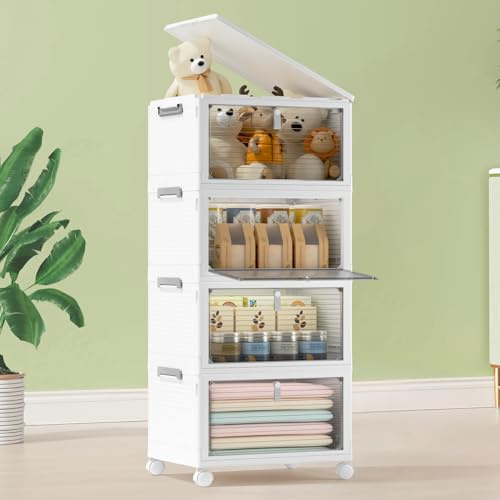 COOSEYA 23L*4 Aufbewahrungsbox mit Deckel,Faltbare Aufbewahrungsboxen mit Rollen, Plastikbox mit Deckel Bücherkiste Bastelmaterial Kleider Aufbewahrungsbehälter Klappbox